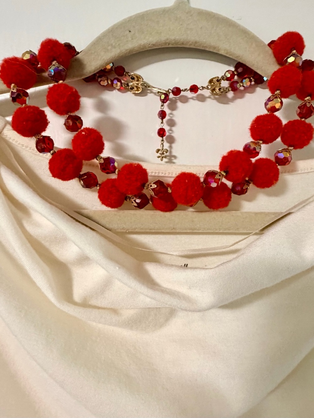INC International Concepts Red Pom Pom & Iridescent Bead Necklace